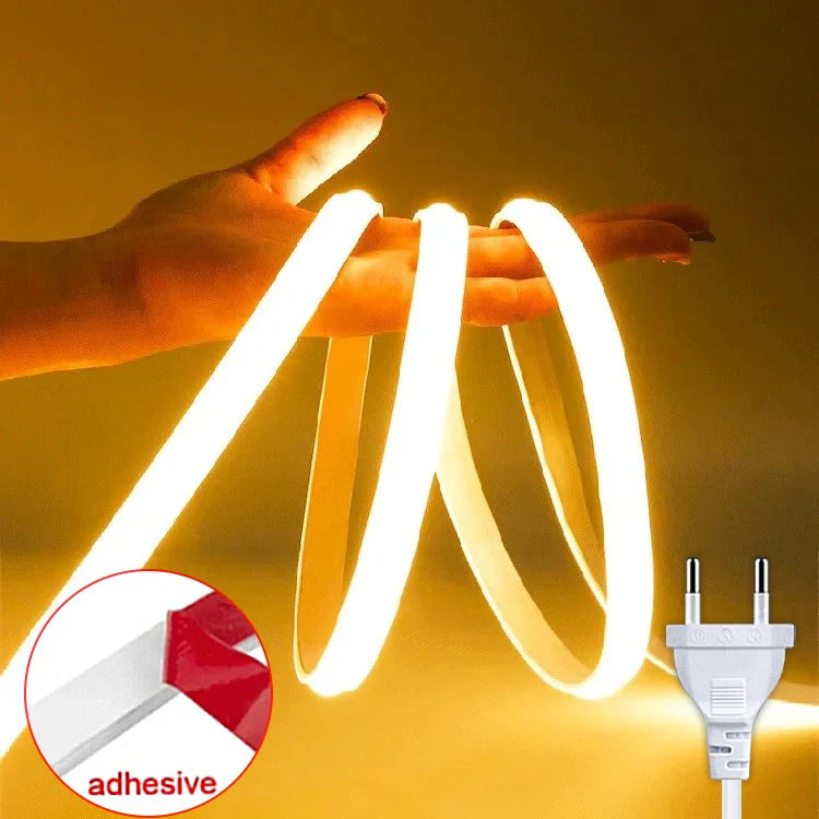 Bande LED COB 220 V – ruban souple en blanc chaud, fiche européenne