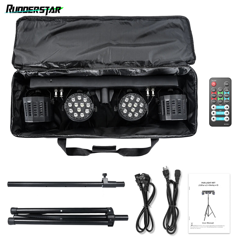 Kit jeux de lumière DJ 2 PAR LED et 2 derbys – version avec sac de transport : sac ouvert, pied, câbles, notice et télécommande