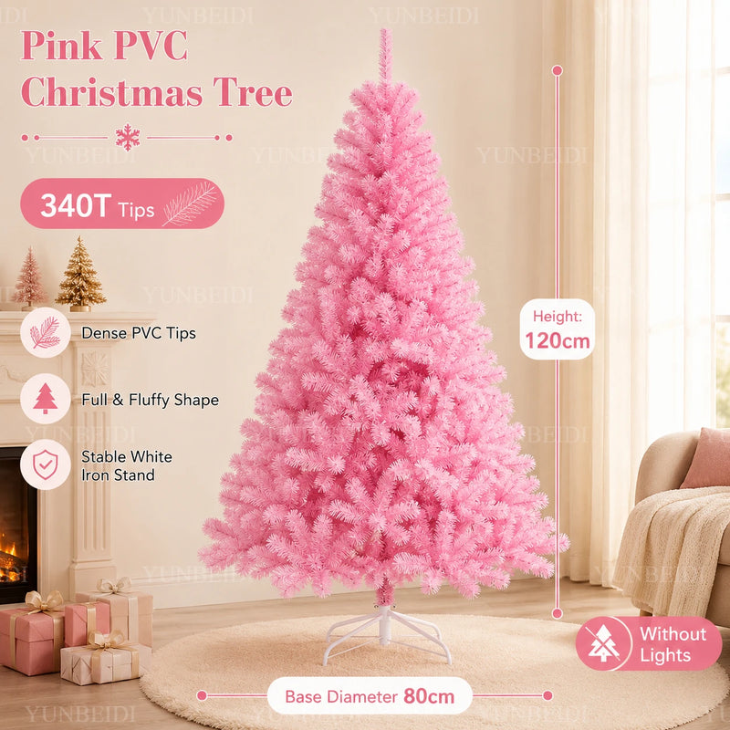 Sapin de Noël rose artificiel en PVC, 1,2 à 2,1 m, avec ou sans guirlande LED USB