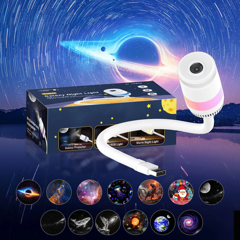 Projecteur ciel étoilé HD – boîtier à lentille et bande lumineuse rose, coffret et les 13 films