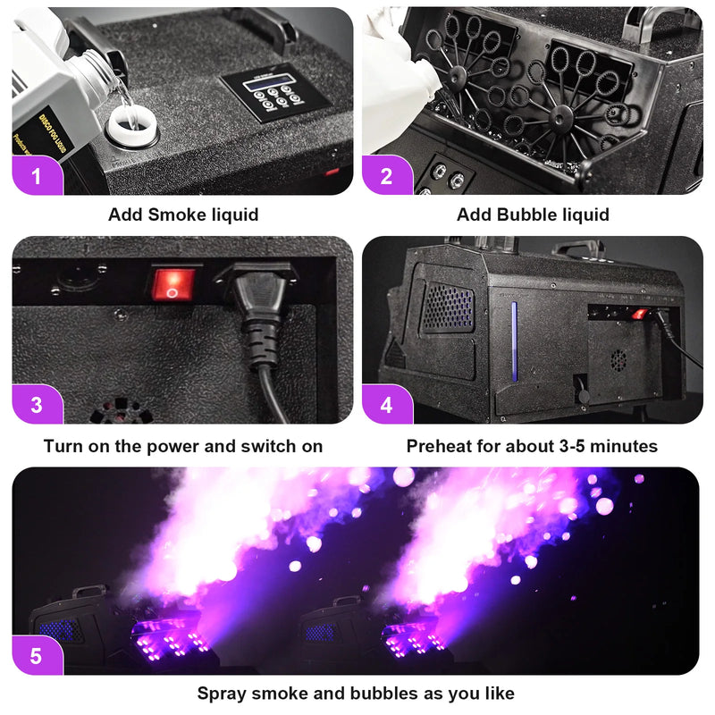 Machine à bulles et fumée 1500 W, 18 LED RGB et télécommande