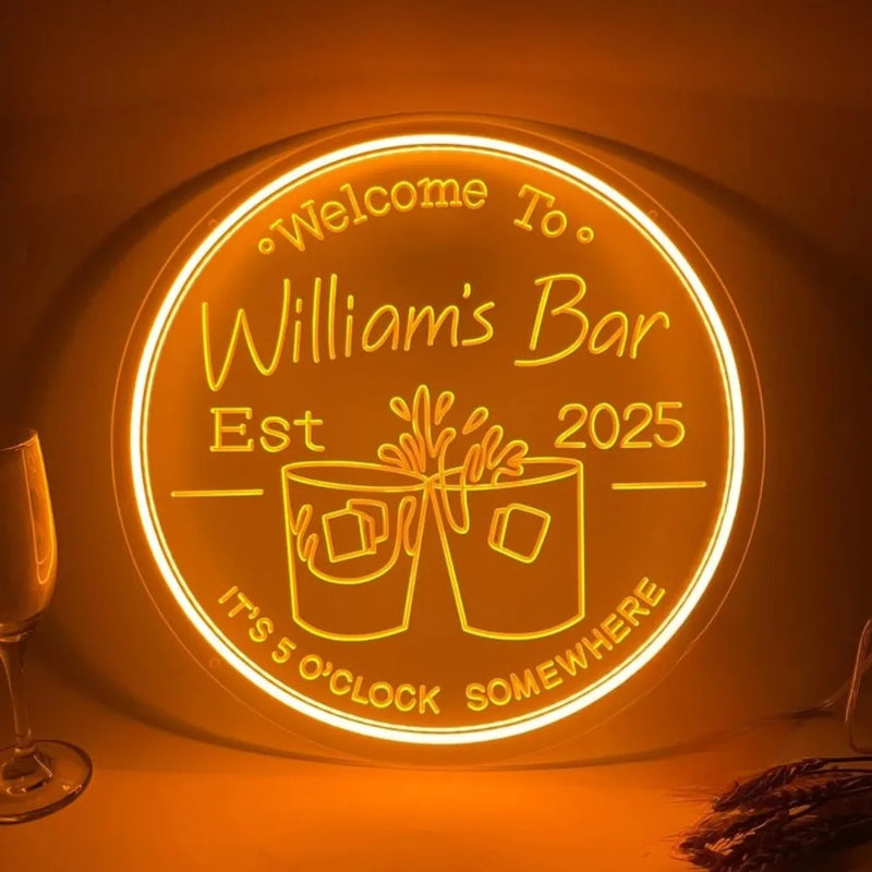 Enseigne néon bar personnalisée à votre nom, rond 29 cm, USB