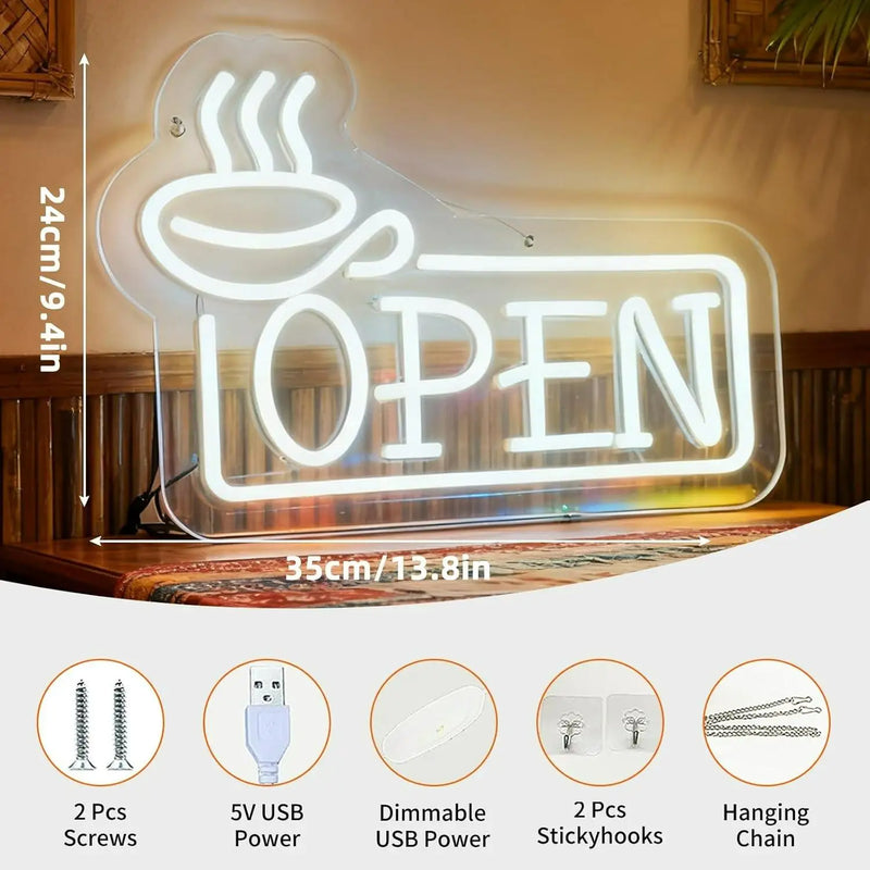 Enseigne néon OPEN tasse de café – dimensions 35 x 24 cm et accessoires de pose