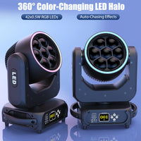 Lyre LED zoom 300 W – deux lyres vues de face et de trois quarts avec halo RGB