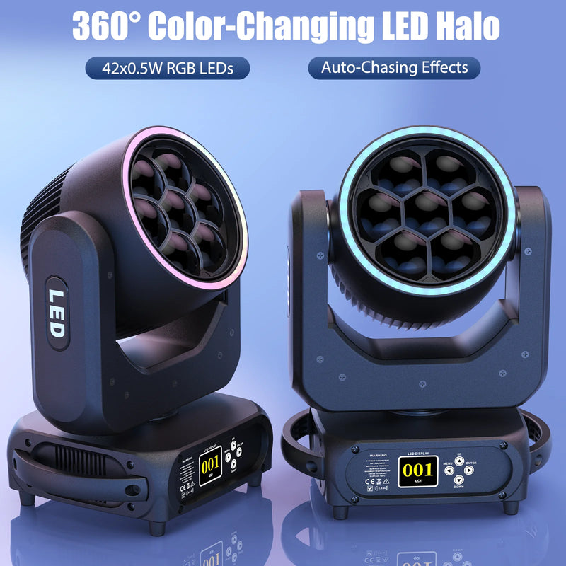 Lyre LED zoom 300 W – deux lyres vues de face et de trois quarts avec halo RGB
