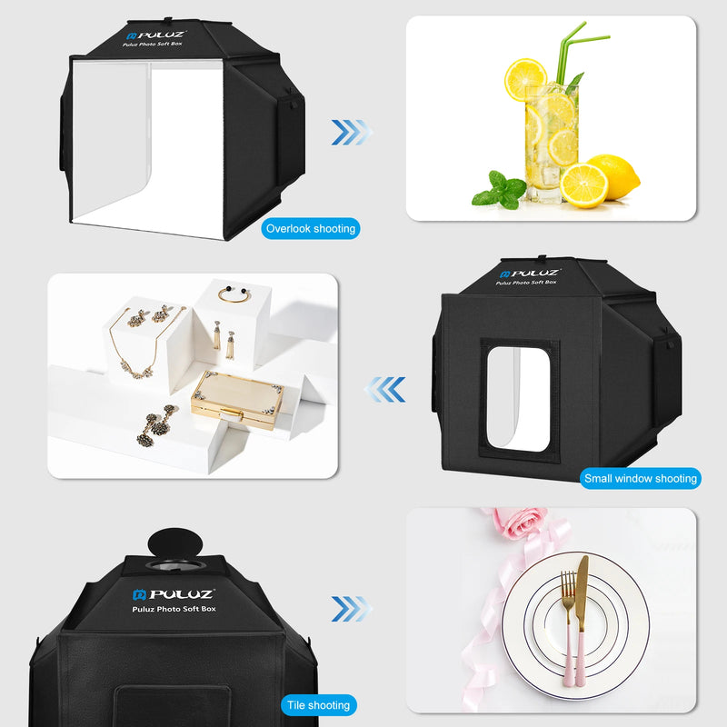 Boîte à lumière photo pliable 40 cm, LED 72 W à variateur, 4 fonds PVC