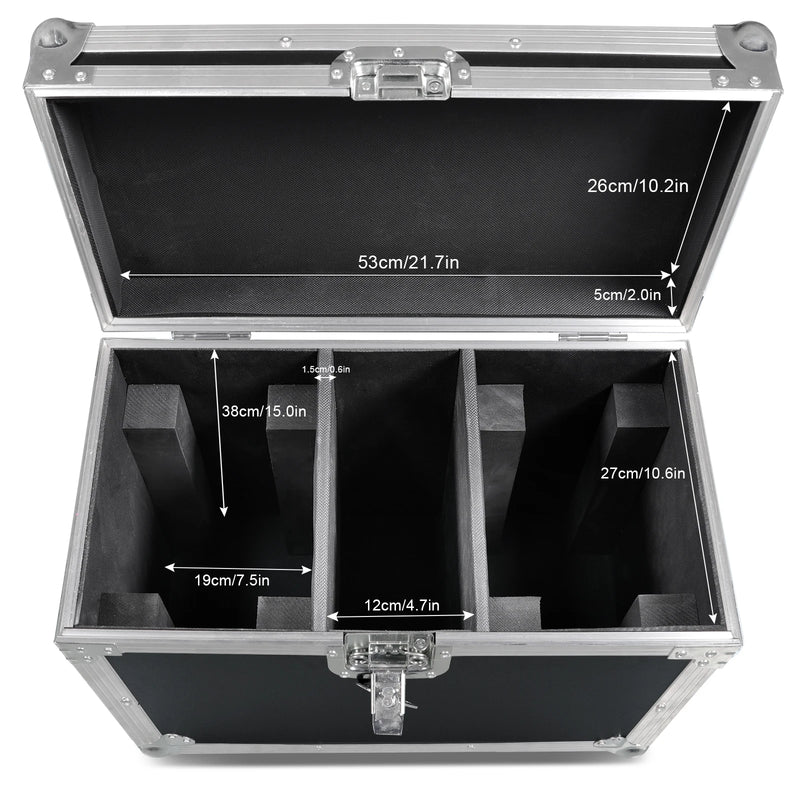 Flight case à roulettes pour 2 lyres LED beam 150 W – flight case ouvert avec les dimensions des compartiments