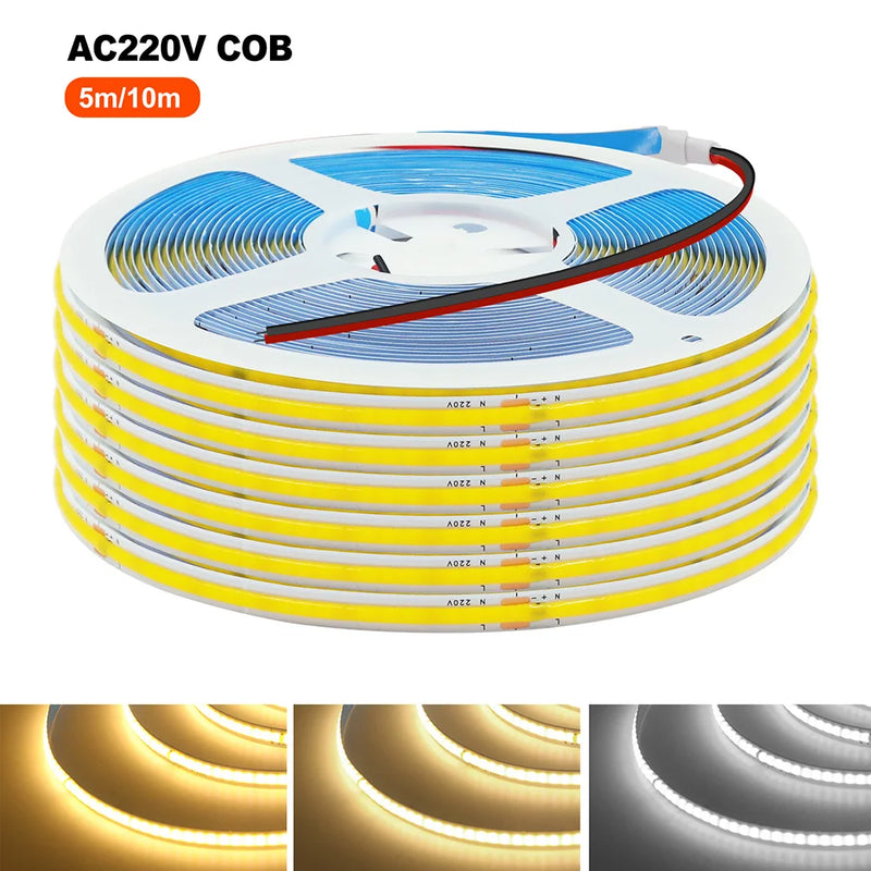 Ruban LED COB 220 V sans transformateur ni prise, 5 à 50 m