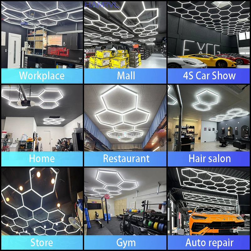 Plafonnier LED hexagonal salon de coiffure et garage, 1 à 14 hexagones