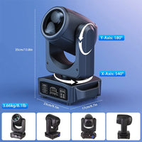 Pack de 2 lyres beam LED 200 W – vue d'une lyre avec dimensions et angles de rotation