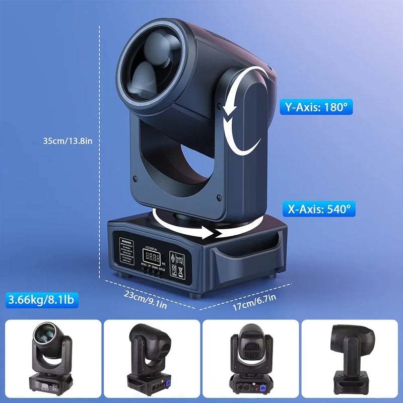 Pack de 2 lyres beam LED 200 W – vue d'une lyre avec dimensions et angles de rotation