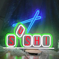 Enseigne néon sushi – modèle SUSHI avec baguettes, cadre vert