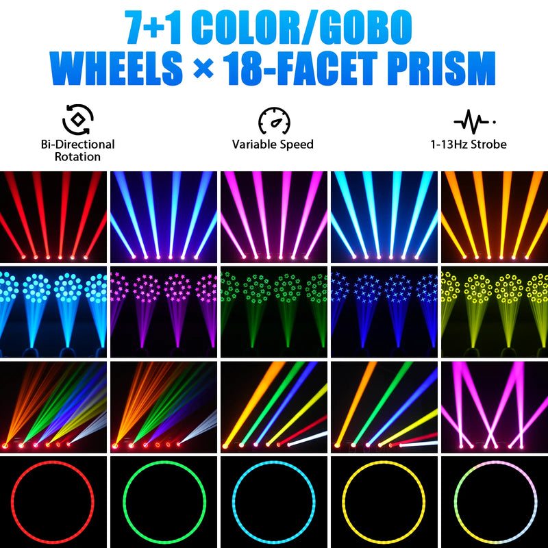 Lot de 2 lyres LED beam 150 W à anneau halo RGB, prisme 18 facettes