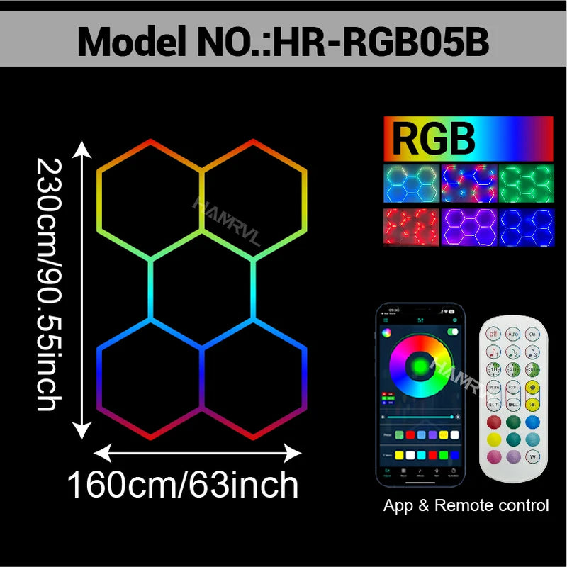 Éclairage LED hexagonal RGB pour garage, de 1 à 11 hexagones, application et télécommande