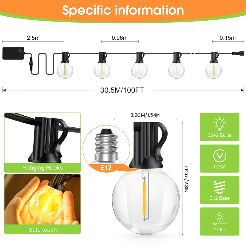 Guirlande guinguette extérieur 30 m, 30 ampoules LED G40, télécommande