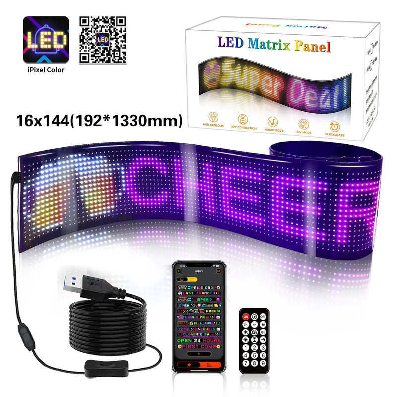 Panneau LED flexible programmable RGB de 27 à 176 cm, Bluetooth, USB