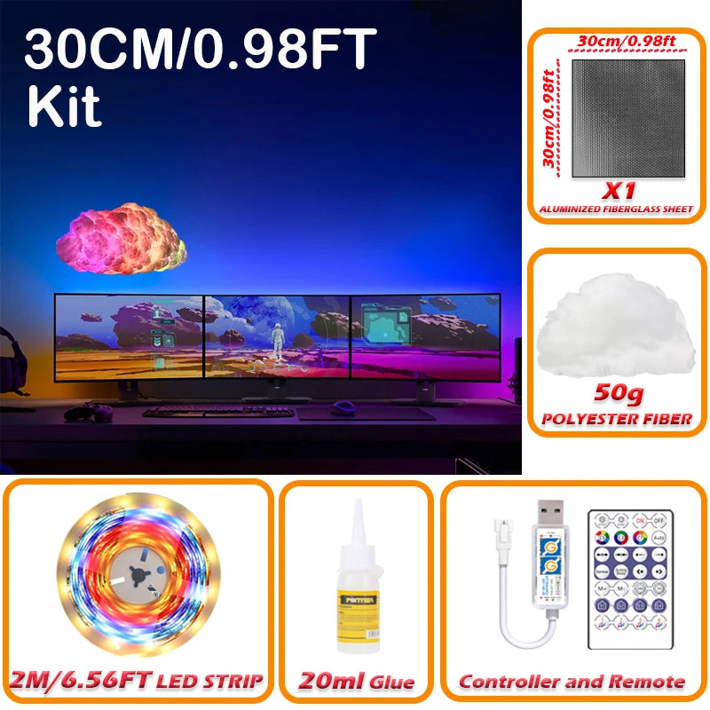 Nuage lumineux DIY – kit 30 cm avec ruban LED de 2 m, fibre de polyester, colle, contrôleur et télécommande