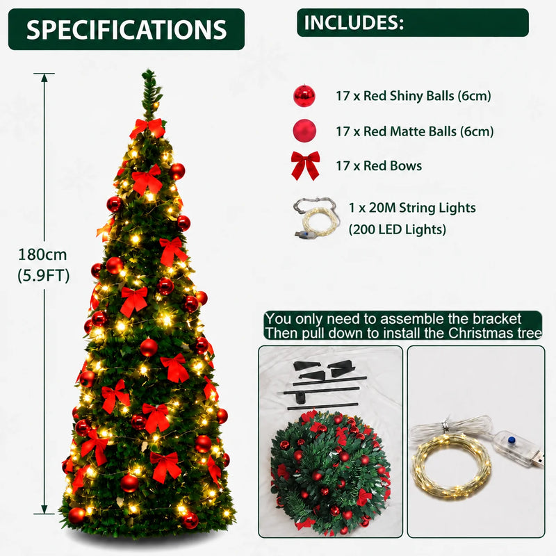 Sapin de Noël pliant pré-décoré en rouge, 150, 180 ou 210 cm, avec ou sans guirlande LED USB