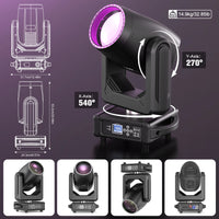 Lyres LED beam 200 W – dimensions, poids et rotation de 540° et 270°