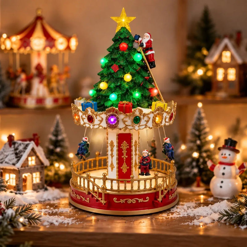 Carrousel de Noël musical et lumineux avec sapin et Père Noël, 34 cm, à piles