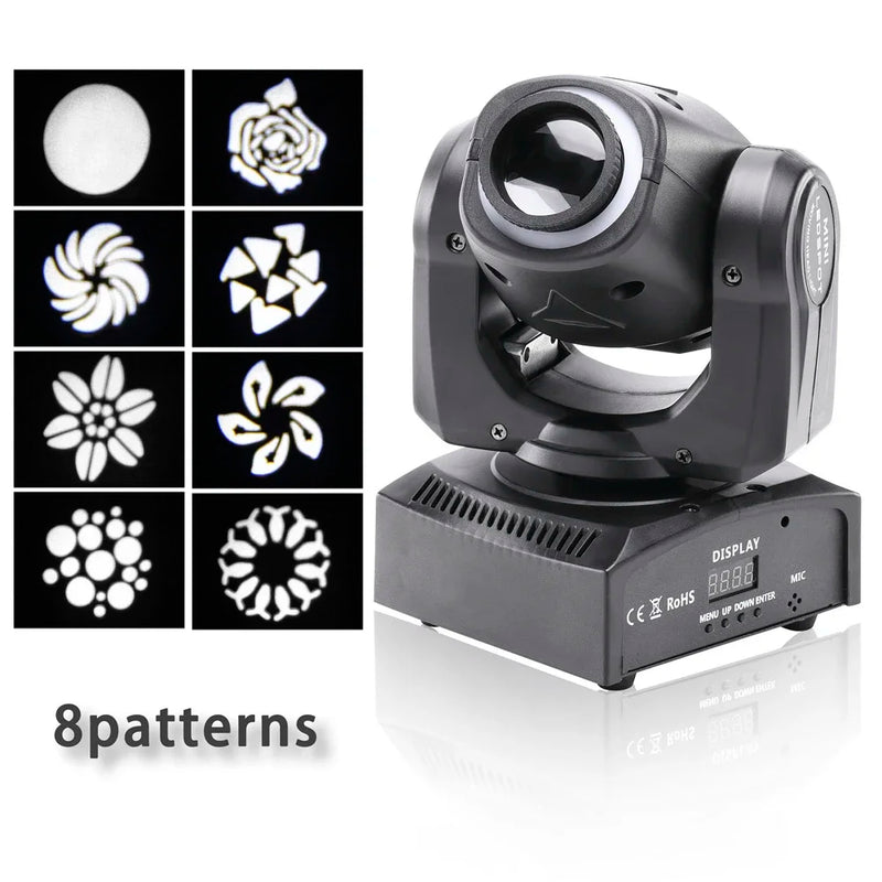 Mini lyre LED beam 60 W à anneau RGB, 8 gobos, DMX, à l'unité ou par 2