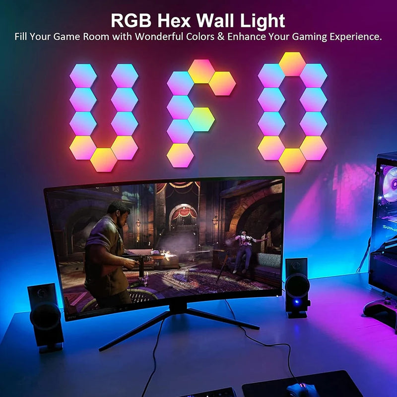 Applique hexagonale RGB – lettres lumineuses formées de panneaux au-dessus d'un écran de jeu
