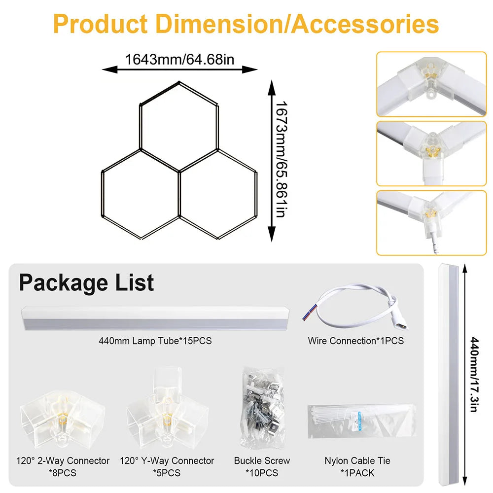 Plafonnier LED hexagonal garage blanc 6500 K, 1 à 14 hexagones