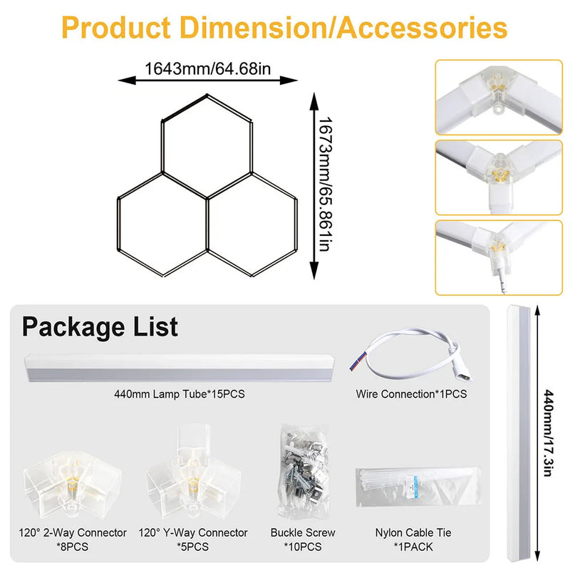 Éclairage LED nid d'abeille – cotes de 3 hexagones, 164,3 x 167,3 cm, et contenu du kit