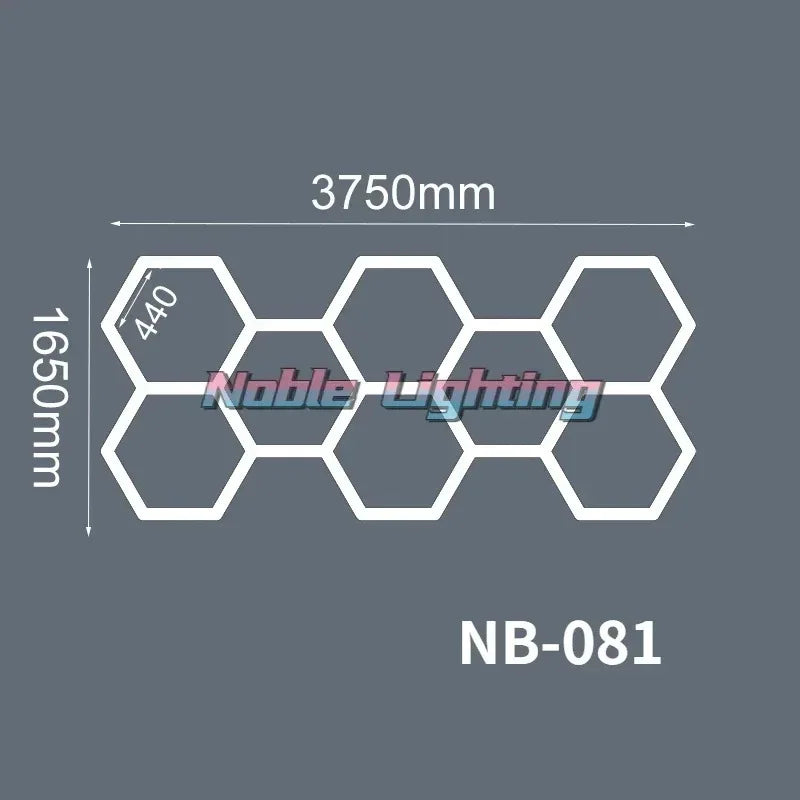 Plafonnier LED hexagonal – schéma du format 8 hexagones, 375 x 165 cm