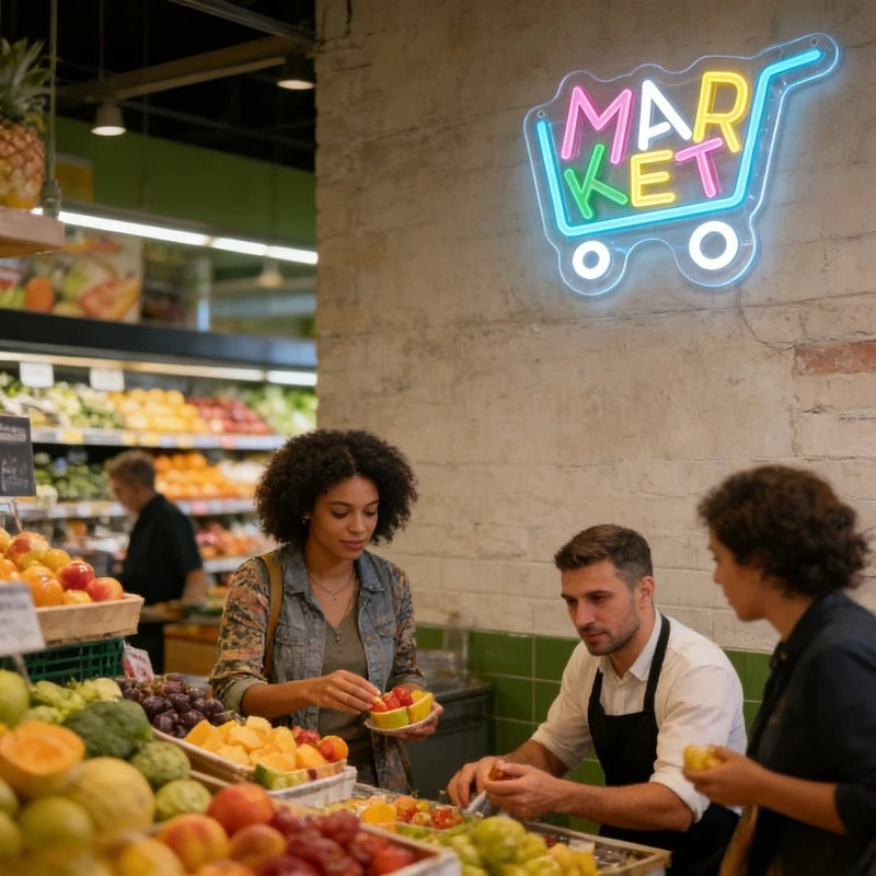 Enseigne néon MARKET chariot de courses – au-dessus d'un étal de fruits et légumes