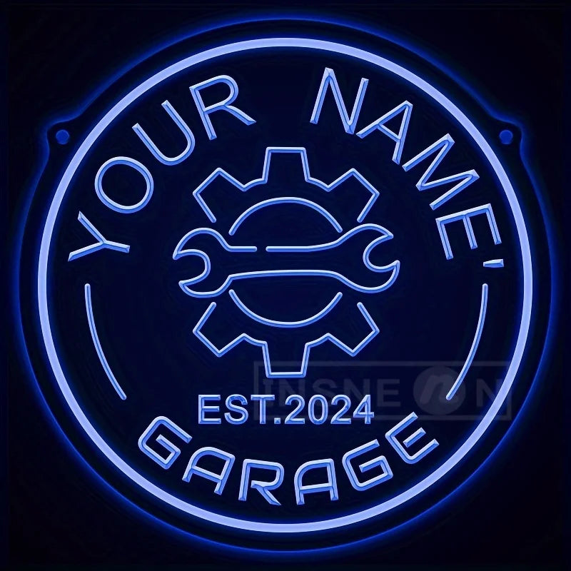 Néon garage personnalisé avec votre nom, engrenage, rond 29 cm, USB