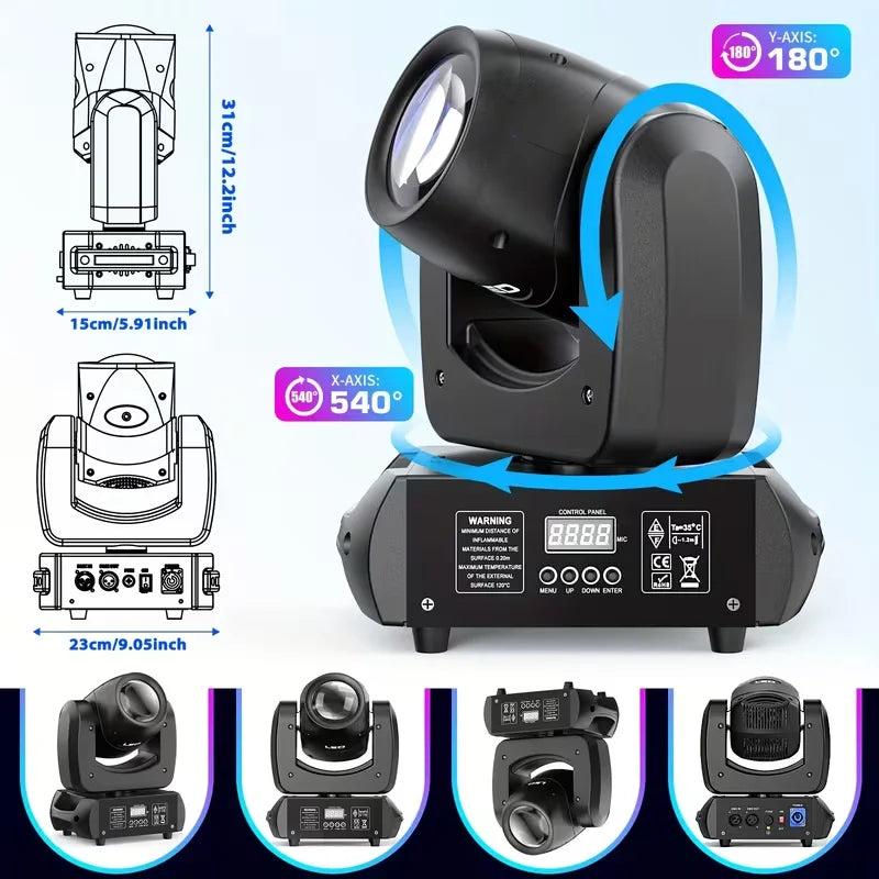 Paire de lyres LED 120 W – dimensions et rotation de 540° en panoramique et 180° en inclinaison