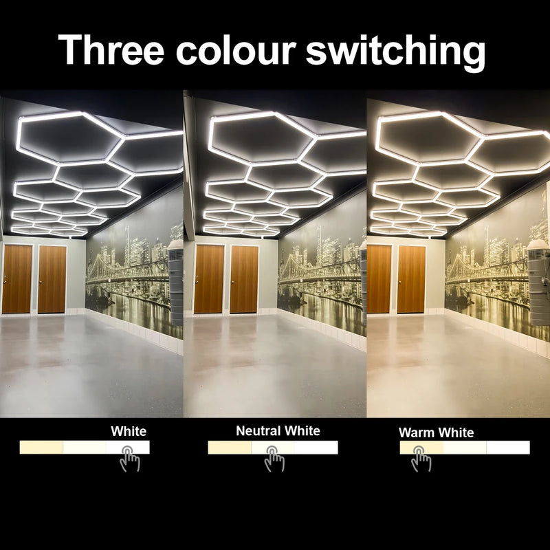 Plafonnier LED hexagonal modulable pour atelier, salon de coiffure et salle de sport