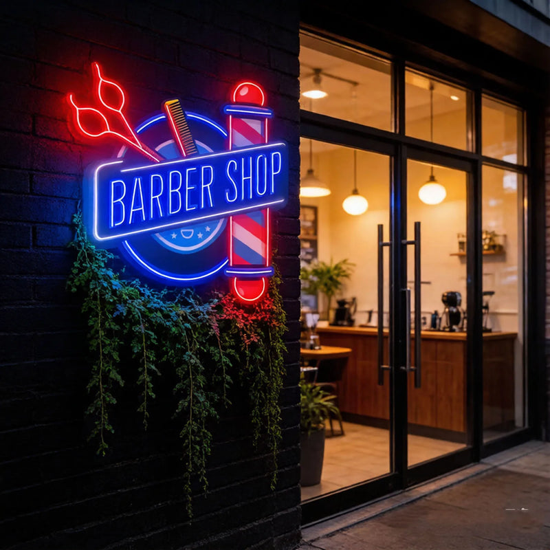 Enseigne néon Barber Shop – façade de salon, quatrième vue