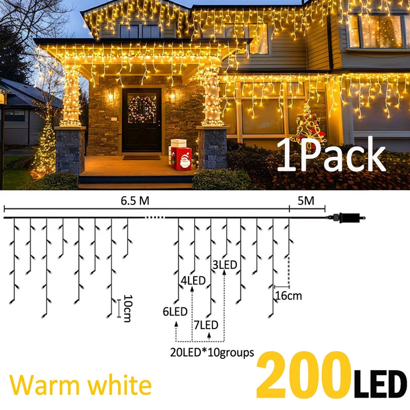 Guirlande stalactite LED – version blanc chaud de 6,5 m, 200 LED