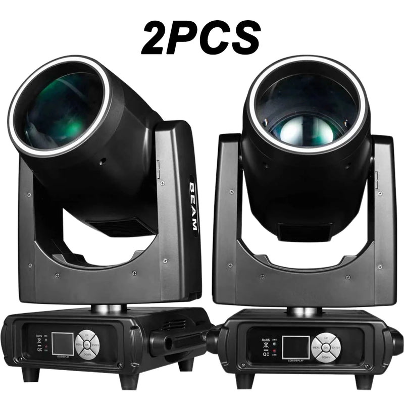 Lot de 2 lyres beam à lampe R7S 380 W, zoom 0 à 4°, 13 gobos, prismes 8 + 16 + 24, DMX 18 canaux