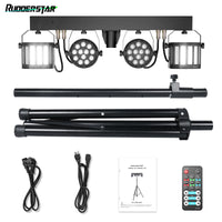 Kit jeux de lumière DJ 2 PAR LED et 2 derbys – version sans sac : barre avec PAR et derbys, pied, câbles, notice et télécommande