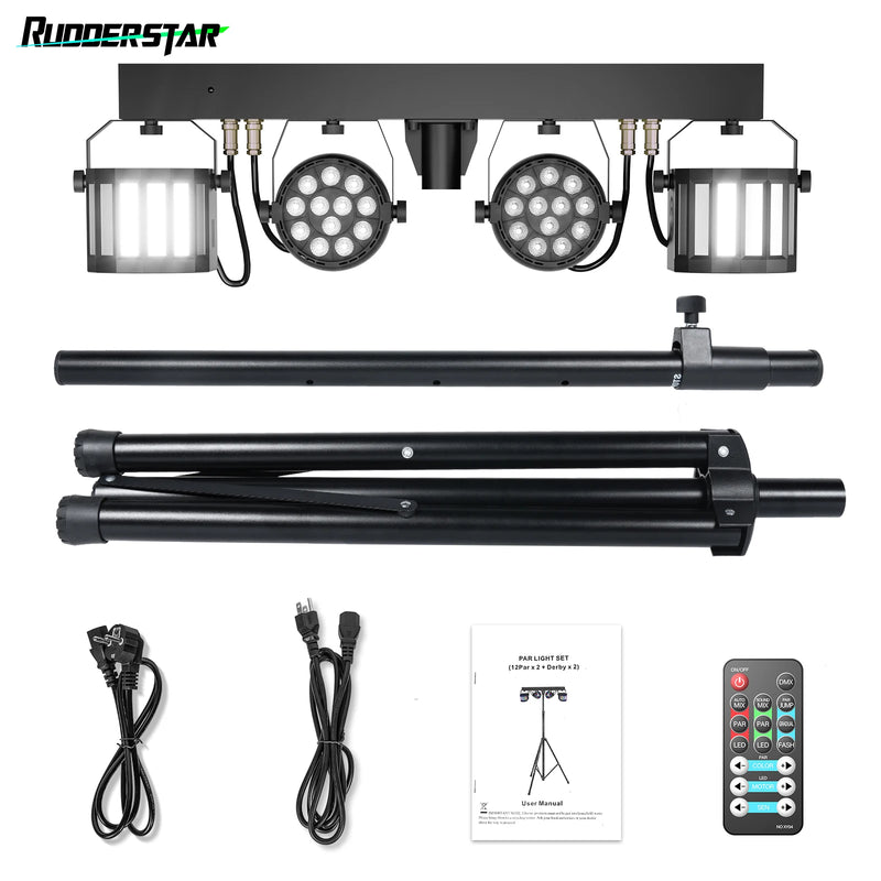 Kit jeux de lumière DJ 2 PAR LED et 2 derbys – version sans sac : barre avec PAR et derbys, pied, câbles, notice et télécommande