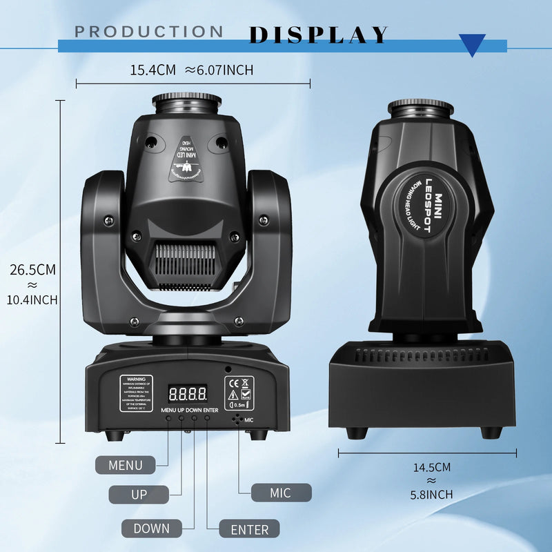 Lot de 2 mini lyres LED spot 60 W – dimensions et afficheur à quatre boutons
