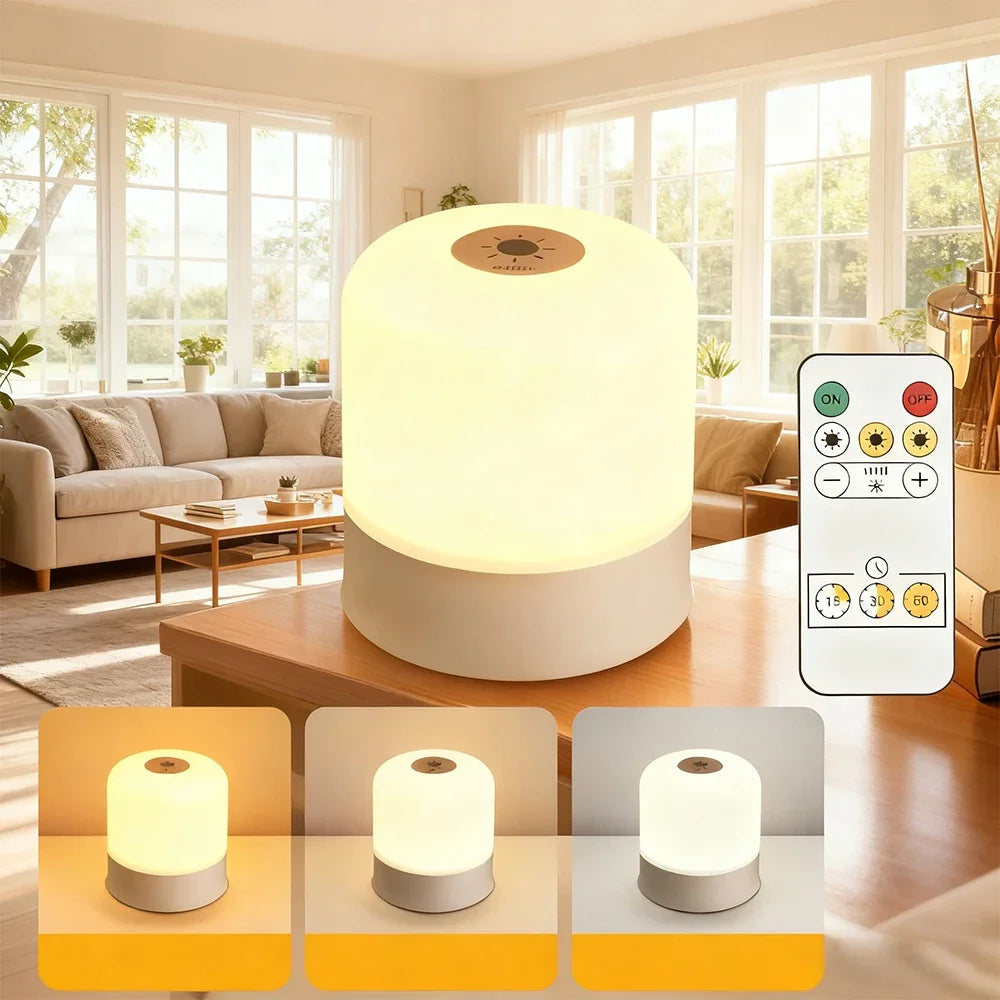 Veilleuse LED rechargeable tactile – lampe dans un salon avec sa télécommande et ses 3 teintes