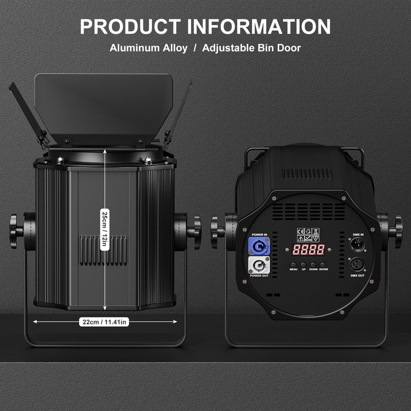 Projecteurs PAR LED COB à volets – panneau arrière avec afficheur, prises DMX et alimentation