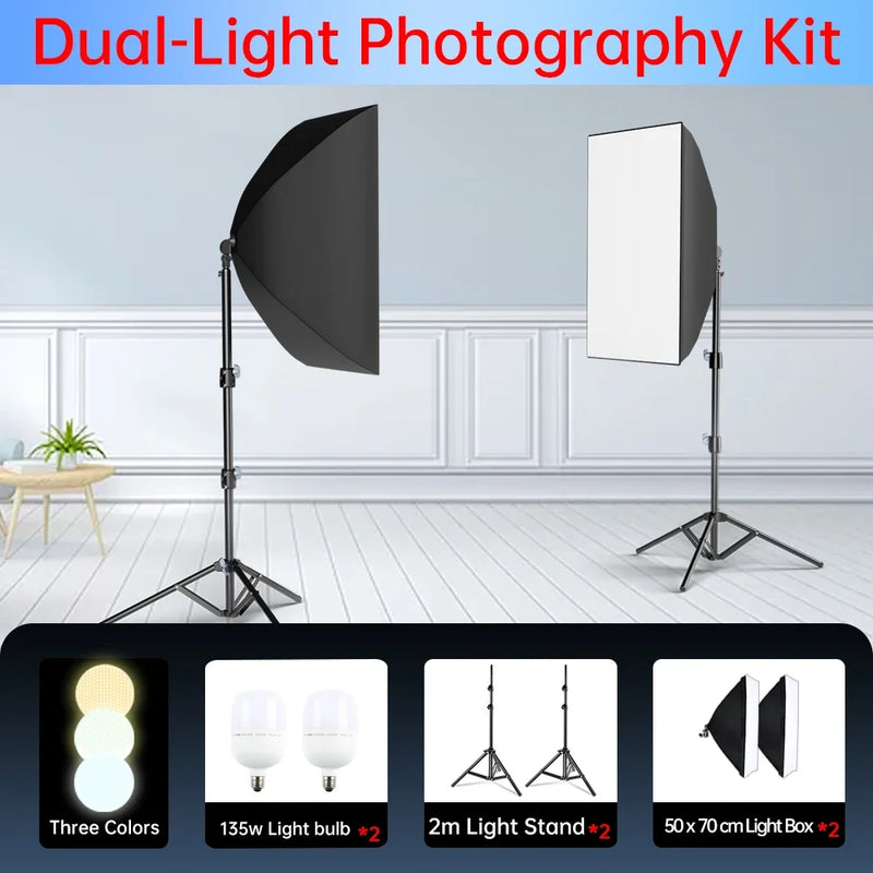 Kit studio photo softbox 50x70 cm, pied 2m, 1 à 3 lumières