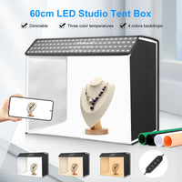 Boîte à lumière photo LED 60 x 40 cm – bijoux sur un buste, trois températures de lumière et fonds colorés