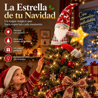 Cimier de sapin lumineux gnome – gnome au sommet du sapin devant une enfant