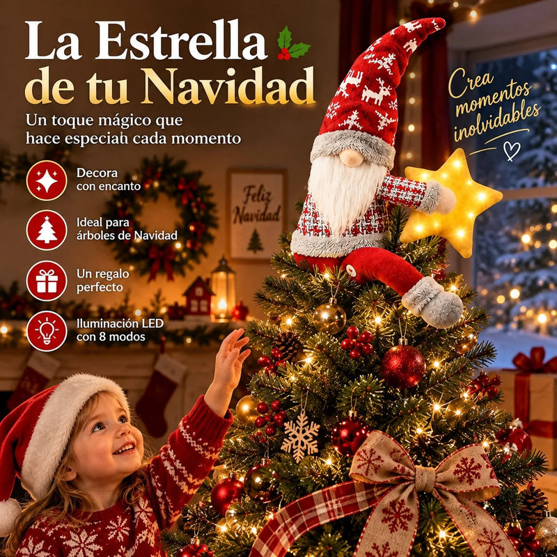 Cimier de sapin lumineux gnome – gnome au sommet du sapin devant une enfant