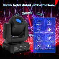 Lyre LED spot 120 W à gobos – modes de commande et d'effets : DMX 512, strobe, sonore, changement de couleur et de gobo, prisme
