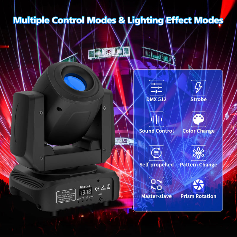 Lyre LED spot 120 W à gobos – modes de commande et d'effets : DMX 512, strobe, sonore, changement de couleur et de gobo, prisme