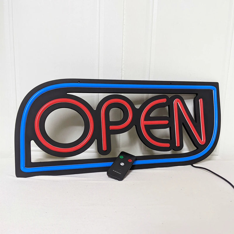 Panneau lumineux OPEN – lettres rouges, cadre bleu, avec télécommande