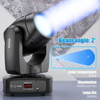 Lyre LED 200 W – faisceau de 2°, température de couleur et éclairement