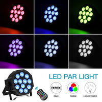Pack de 4 PAR LED plats – couleurs rose, bleu, vert, violet, blanc froid et blanc, avec les pictogrammes DMX et RGBW
